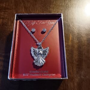 Cute angel necklace and gray earring set